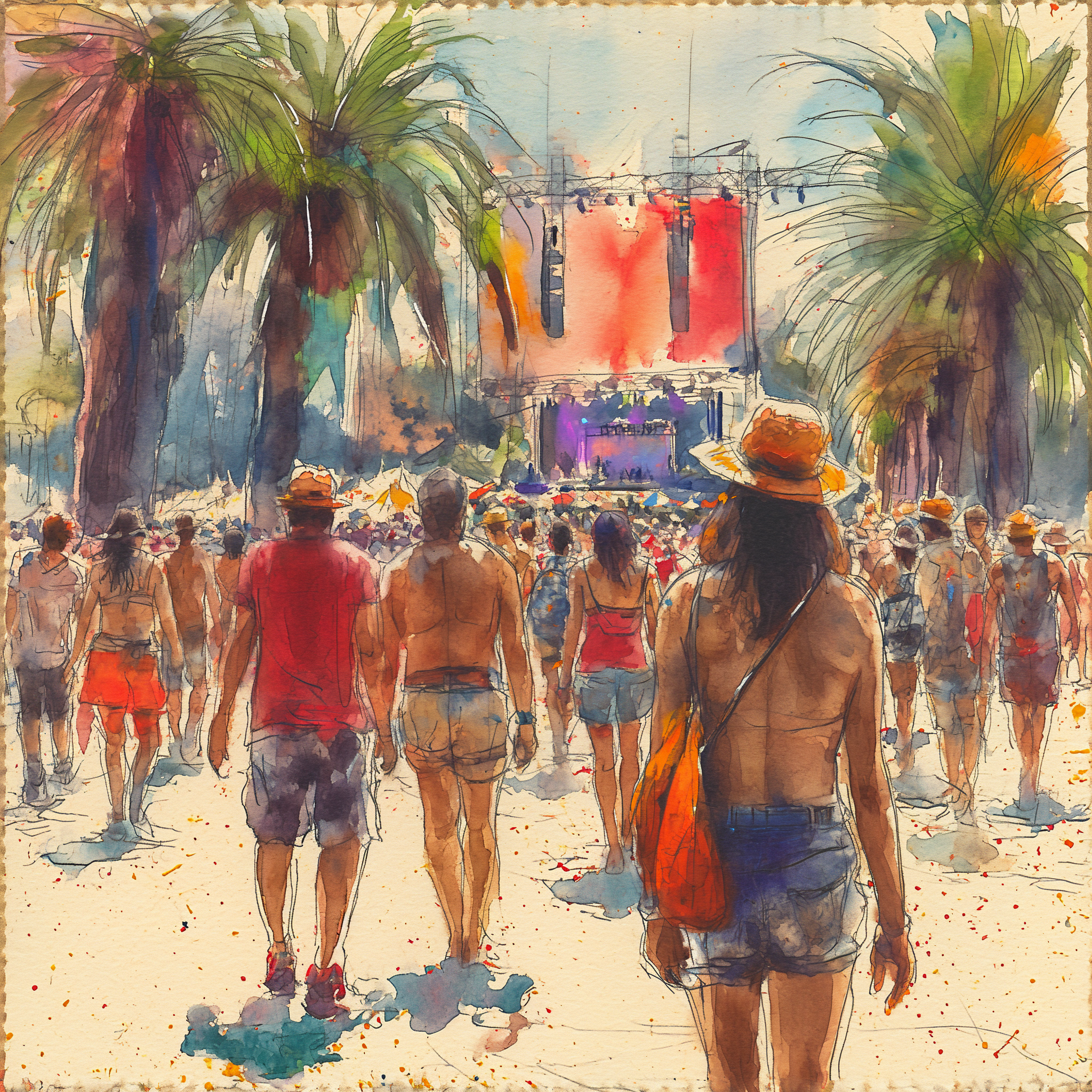 sketch of a crowd at an outdoor music festival